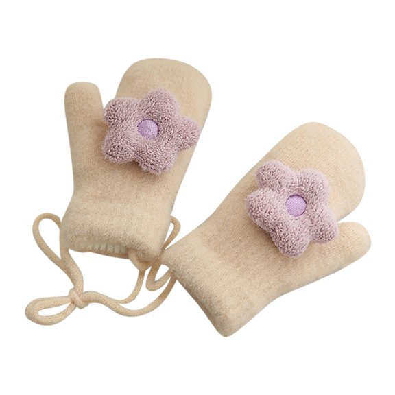 HBFAGFB Girls Gloves Winter Knitted Plush Cartoon Flower Children's Neck Hanging Mittens Beige