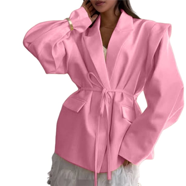 Chaqueta de Traje de Mujer de Larga con Solapa, Estilo -Otoño, con Cinturón en la Cintura y Hombreras. Rosa S