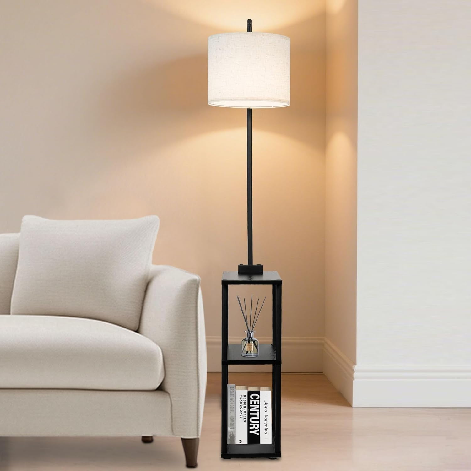 Floor  with Table, Narrow Side Table with USB Charging and AC Port, 3 Color Temperatures LED Light, Black