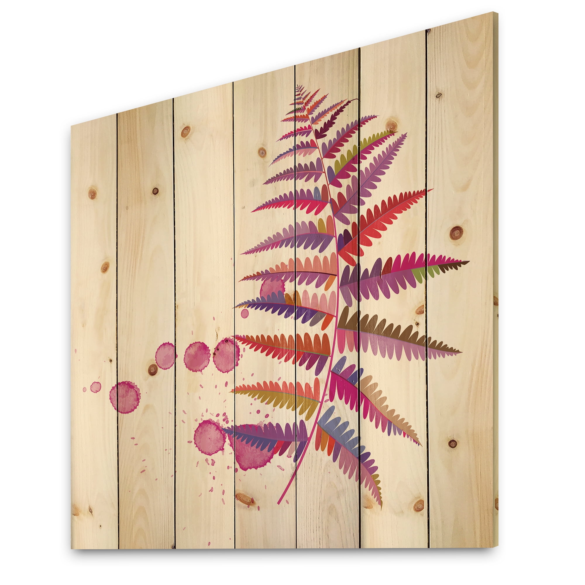 Designart 'Purple Fern With Purple Splash' Farmhouse Print on Natural Pine Wood