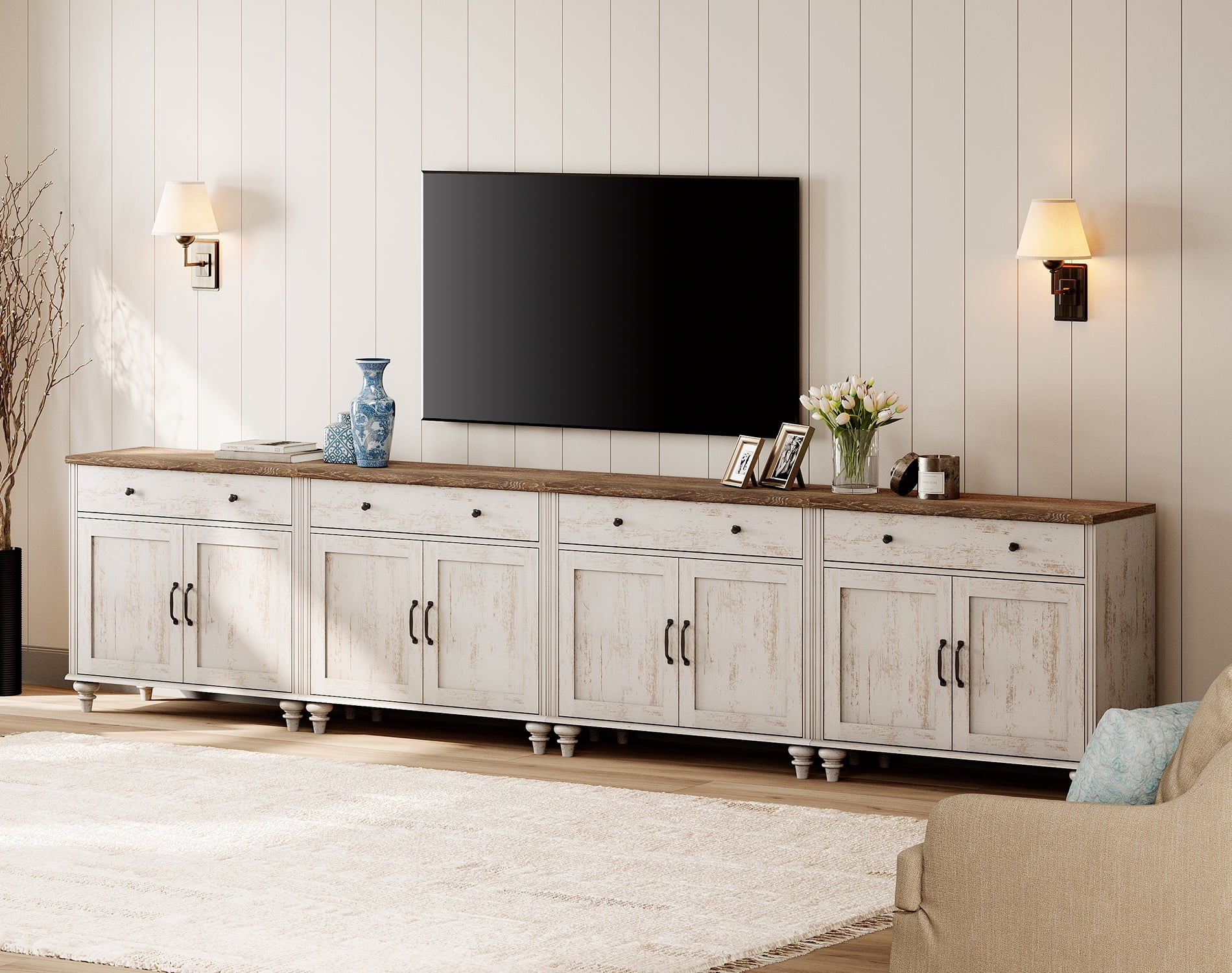 4-in-1 TV Stand, Farmhouse Wood Console Table Storage Cabinet for Living Room, Kitchen Sideboard Buffet Cabinet With Glass Door for Dining Room, Rustic White
