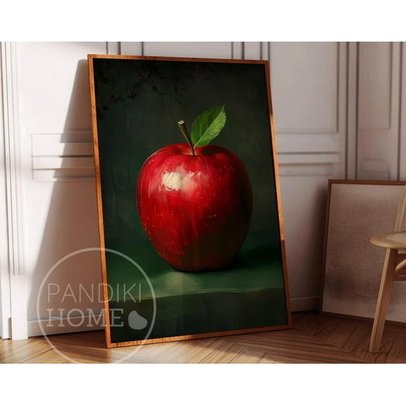 Red Apple With Leaf Art Print, Vintage Antique Art, Moody Dark Green Wall Art, Minimalist Decor, Maximalist Home Decor, Wall Art For Kitchen ,Decor For Living Room Bedroom, 8x12 UNFRAMED