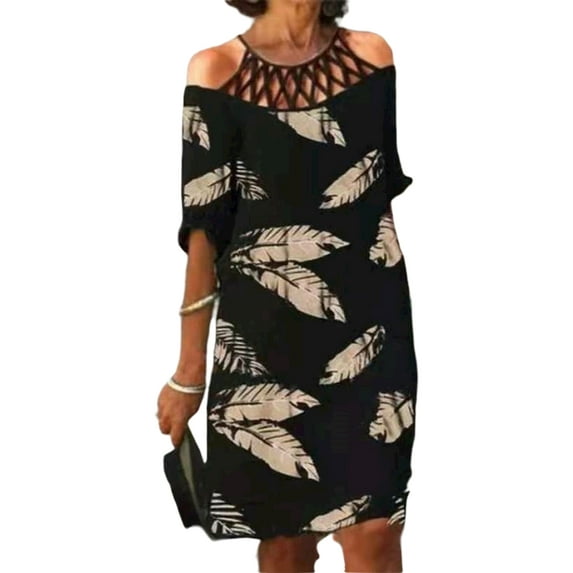 DYMADE Women Plus Size Half Sleeve Slash Neck Elegant A-line Dress