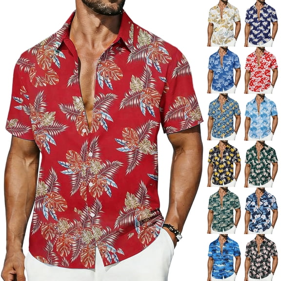 Antqov Hawaiian Shirt for Men, Short Sleeve Button Down Shirts Fashion Printed Lapel Loose Fitting Tops, Summer Vacation Casual Comfy Lightweight Beach Shirts, S-5XL