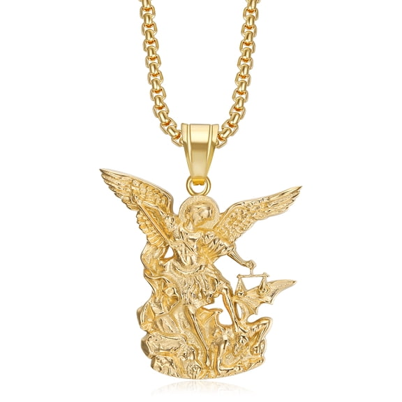 18K Gold Plated Saint Michael Pendant Stainless Steel Necklace for Men Women, 24 Inch Chain St Michael the Archangel Christian Prayer Jewelry Gift