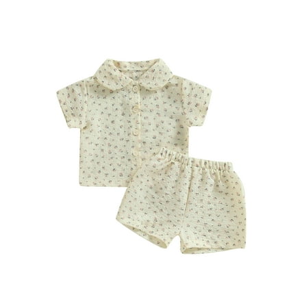 

Thaisu Toddler Baby Girl Shorts Set Short Sleeve Turn Down Collar Floral Print Shirt+Shorts