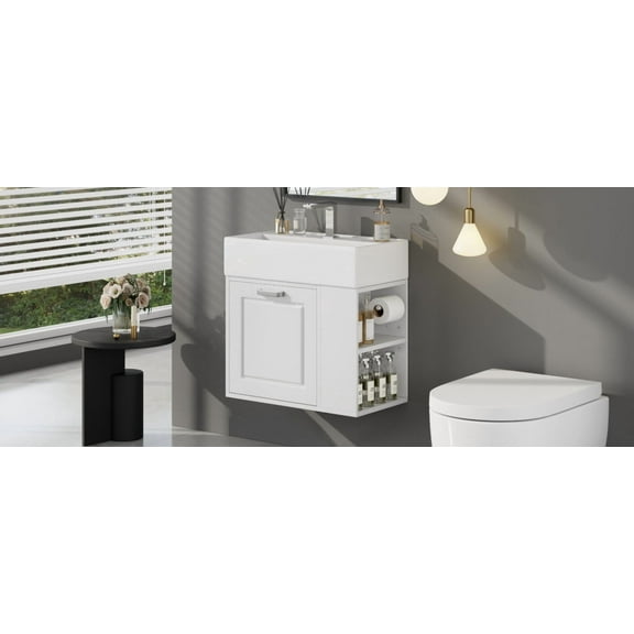 21.8-Inch Modern Bathroom Vanity with Sink, Wall-Mounted Floating Cabinet, Soft-Close Drawer & Adjustable Shelf, Toilet Paper Holder, White
