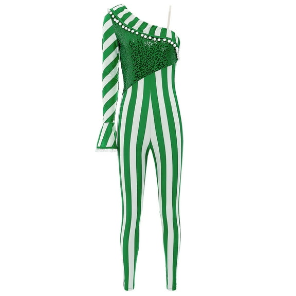 YONGHS Womens One Shoulder Candy Cane Striped Jumpsuit Christmas Bodysuits Gymnastics Leotard Green L