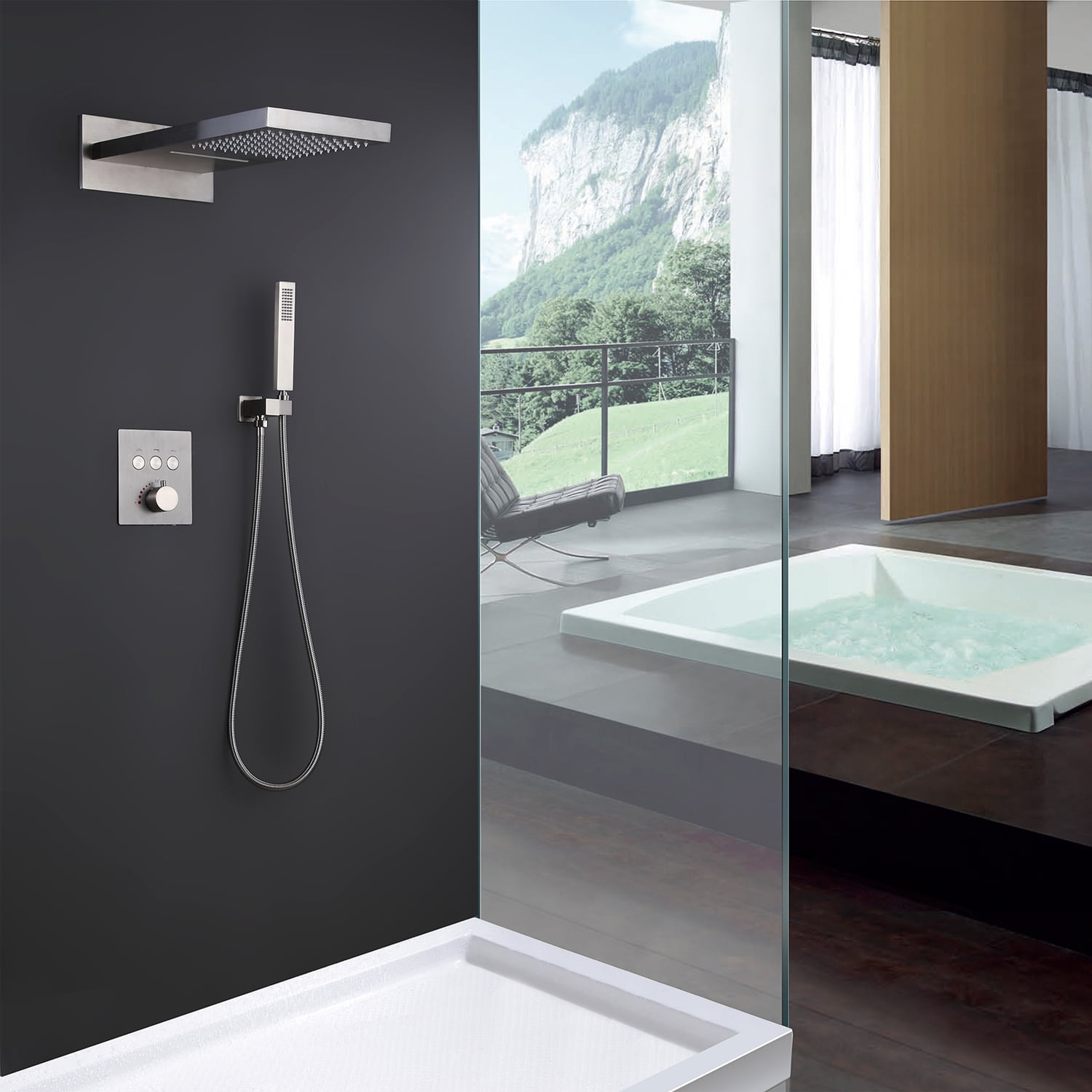 Three Functions Thermostatic Shower System, Dual-function Rainfall Shower Head with Handheld Sprayer