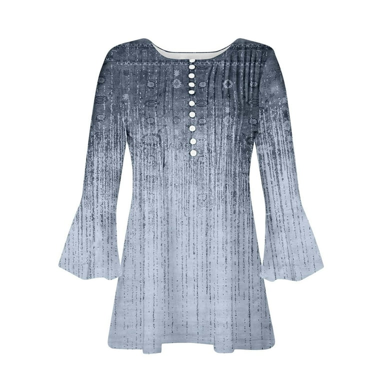 FAVIPT Boho Tunic Tops for Women 3/4 Sleeve Shirts for Women Bell V Neck  Graphic T Shirts Button Pleated Boho Tops Elegant Vintage Floral Blouse  Blue,M - Walmart.com