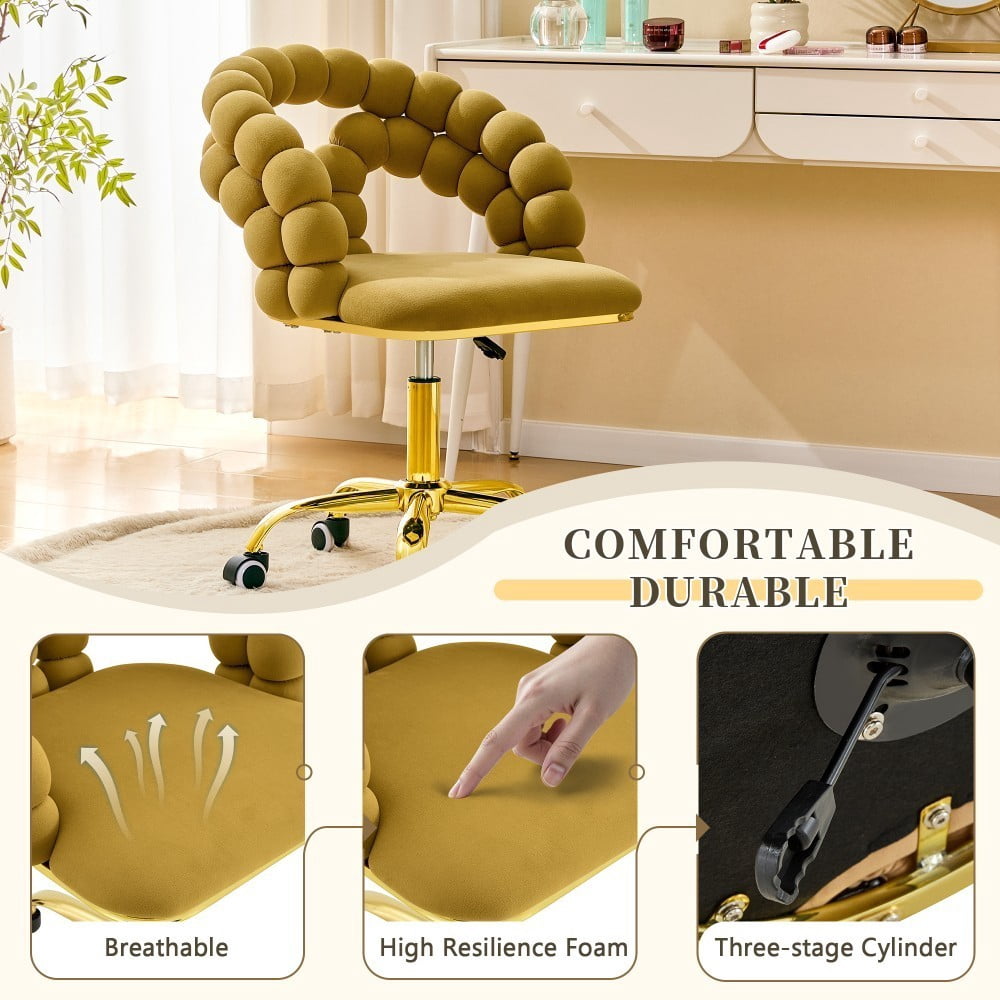 Velvet Office Chair, Adjustable Swivel Desk Chair with Bubble Back, Gold Metal Base, Rolling Vanity Chair for Home Office, Bedroom & Makeup Room, Yellow