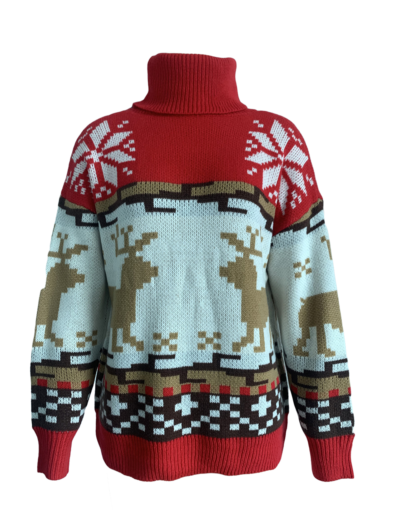 Canis Women's Christmas Round Neck Turtleneck Sweaters, Long Sleeve Elk Snowflake Print Loose Knit Tops - image 4 of 6