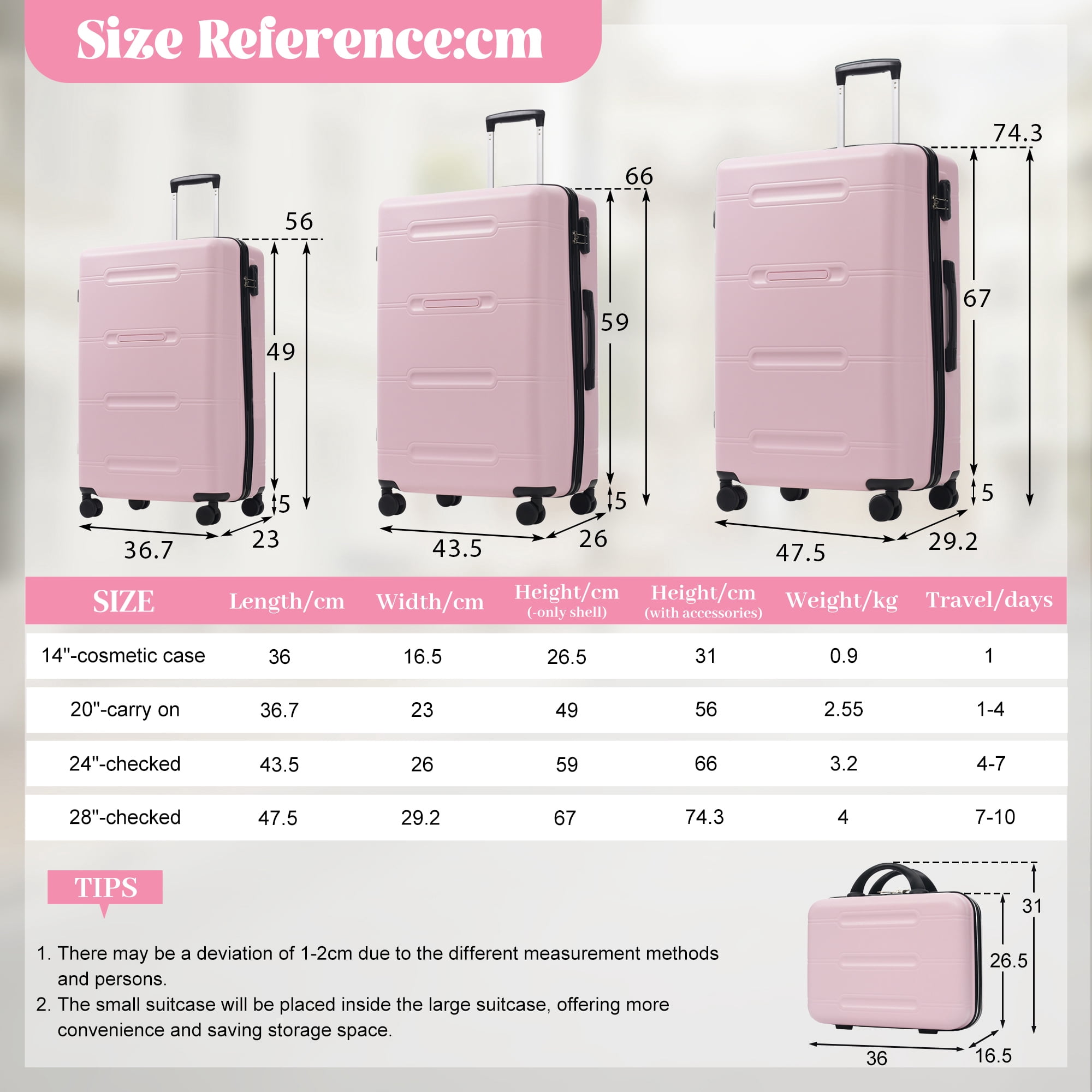 6 Piece Luggage Set,Lightweight Hardshell Suitcase with Double Spinner Wheels Handle Password Lock,14 IN Cosmetic Case 20/24/28 IN Luggages with Duffel Bag and Toiletry Bag