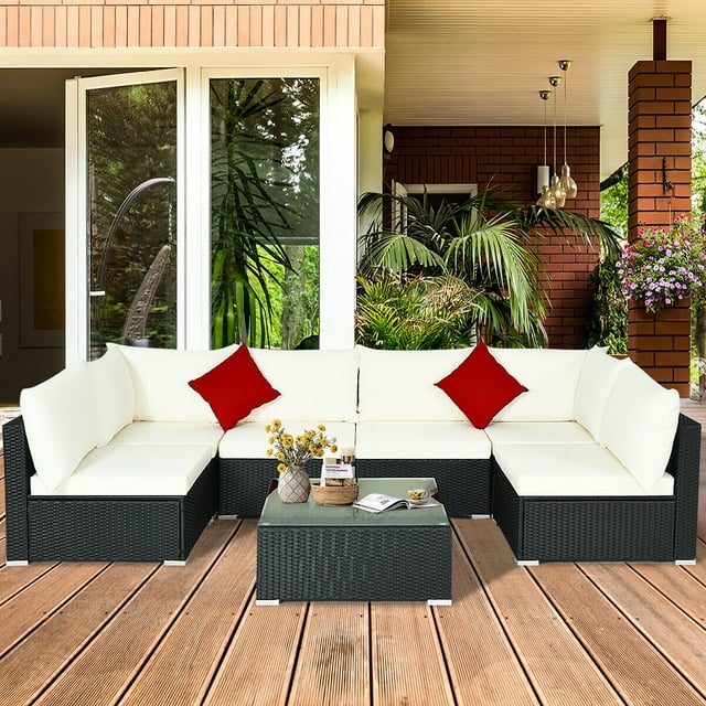 Gymax Ensemble de Mobilier Sectionnel de Conversation pour Patio en Rotin 7 Pcs avec Coussin et Oreiller