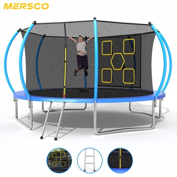 Mersco 12FT Trampoline for Kids with Mulifunctional Target Cloth, Outdoor Recreational Trampolines with Enclosure Net , Ladder ,Jumping Trampoline for Kid Birthday and Festival Gift ,Blue