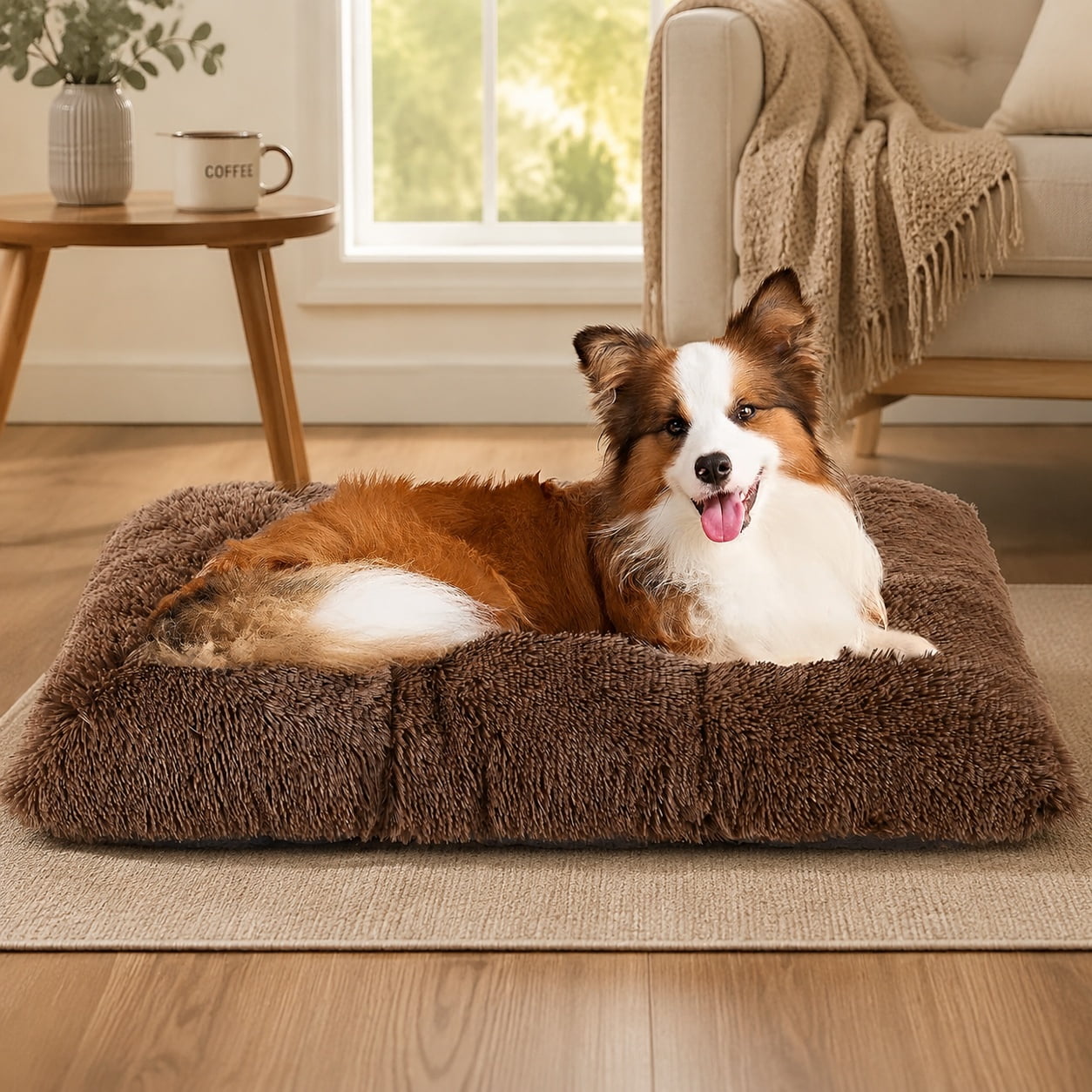 Fluffy Large Dog Crate Bed Plush Faux Fur Pad Coffee Calming Anti-Anxiety Soft Warm Mat Washable with Non-Slip Bottom