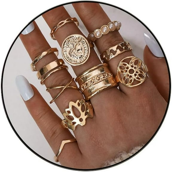 Gold Knuckle Rings Set,Vintage Stackable Dainty Joint Finger Rings Set,pearl coin Rings Pack hollow out Jewelry for Women