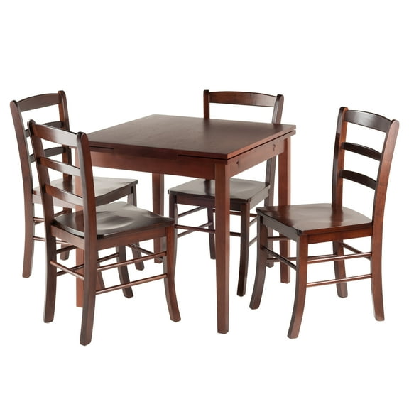 Contemporary Home Living Set of 5 Pulman Walnut Solid Wood Extension Dining Table with 4 Ladder Back