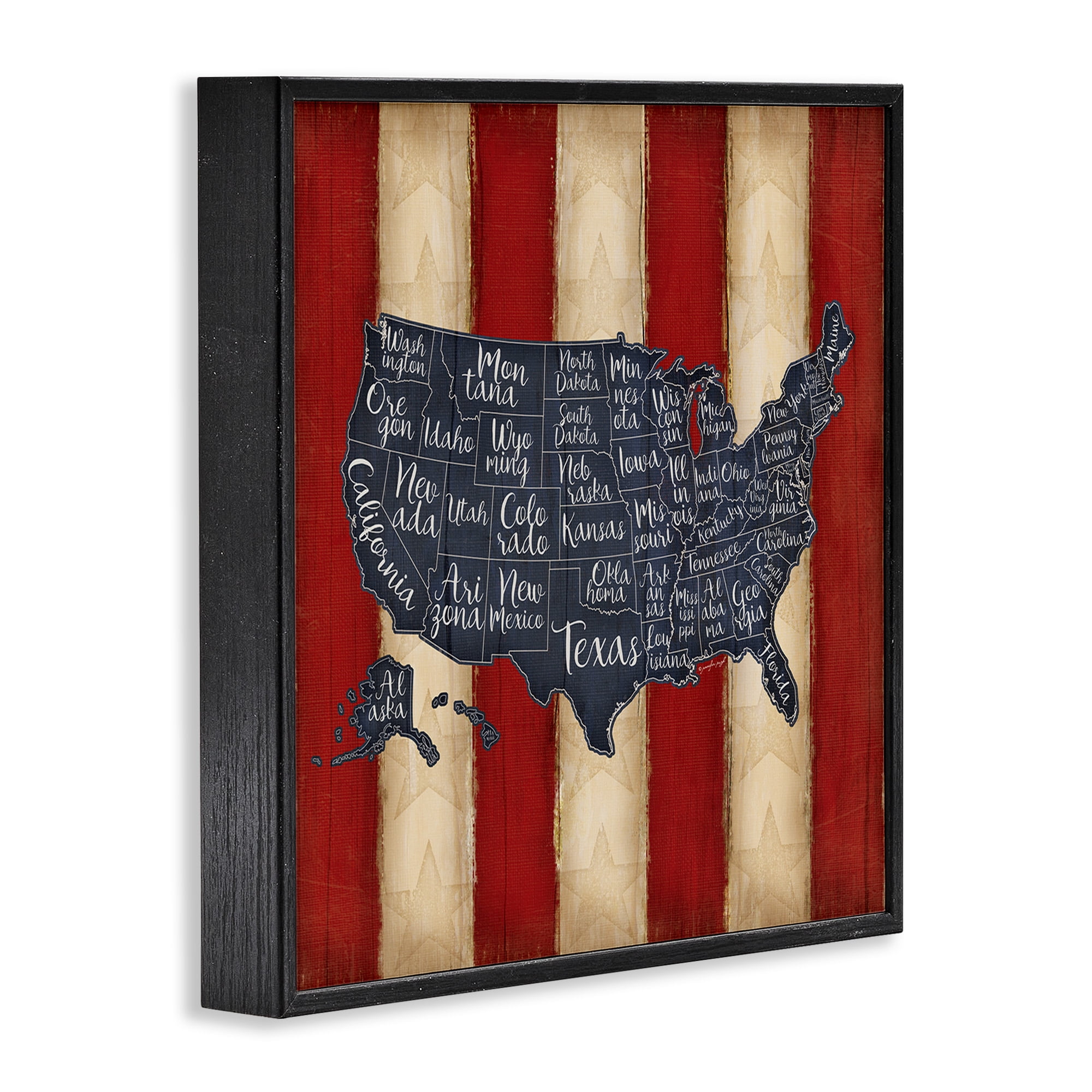 Stupell Industries United States Map on Stripes Art for Kids Painting Black Framed Art Print Wall Art, 24 x 24