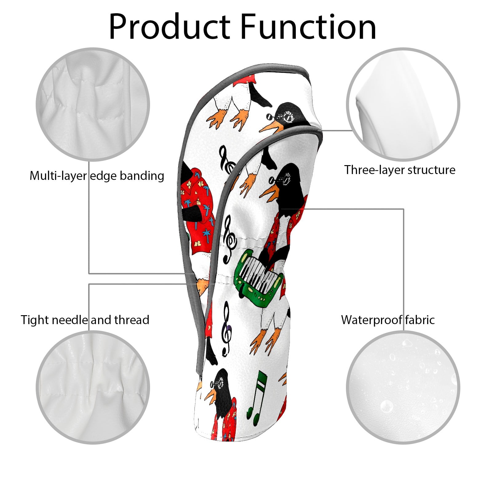 Golf Club Head Covers - Fun Penguin Red Design, Premium PU Leather Driver Hybrid Headcovers with Velvet Lining, Waterproof Golf Gifts for Men Women