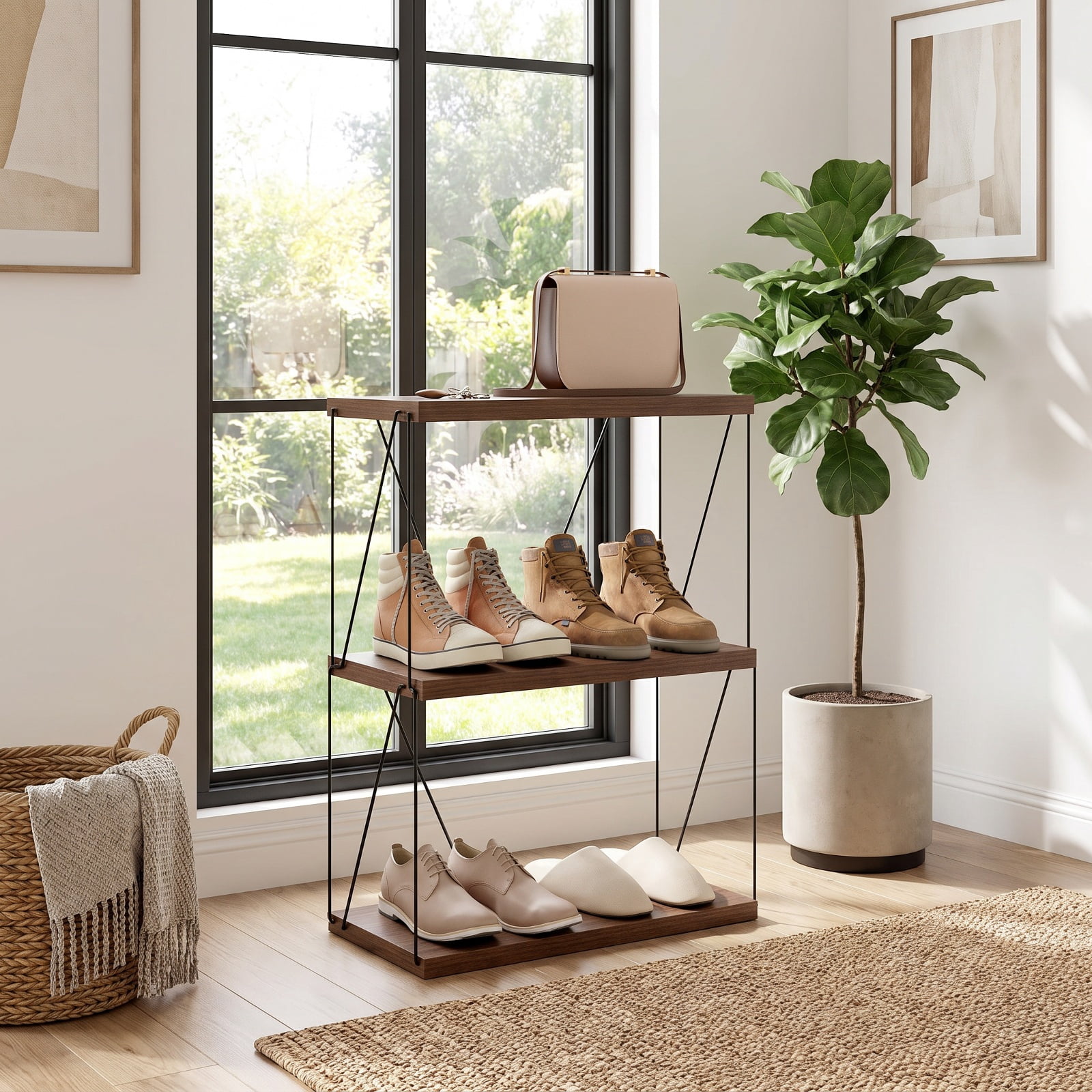 Furnibear 3-Tier Multipurpose Display Rack with Metal Frame for Living Room Home Office Bedroom Display Storage Shelf, Walnut