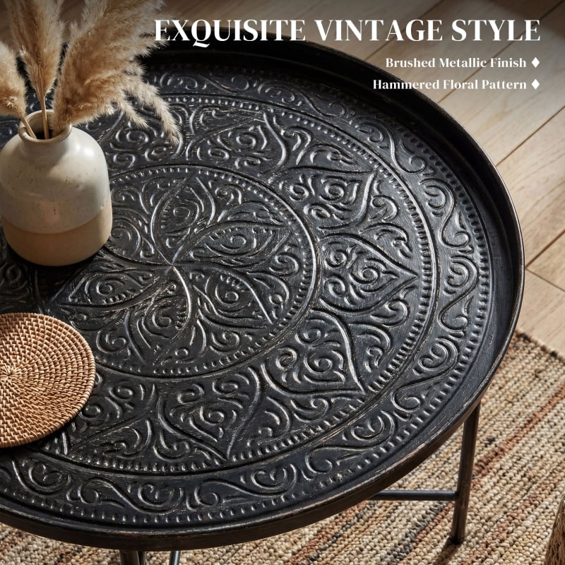 Alvantor Round Coffee Table with Hammered Tray Top & Metal Frame 24"x24"x15.7" Pewter