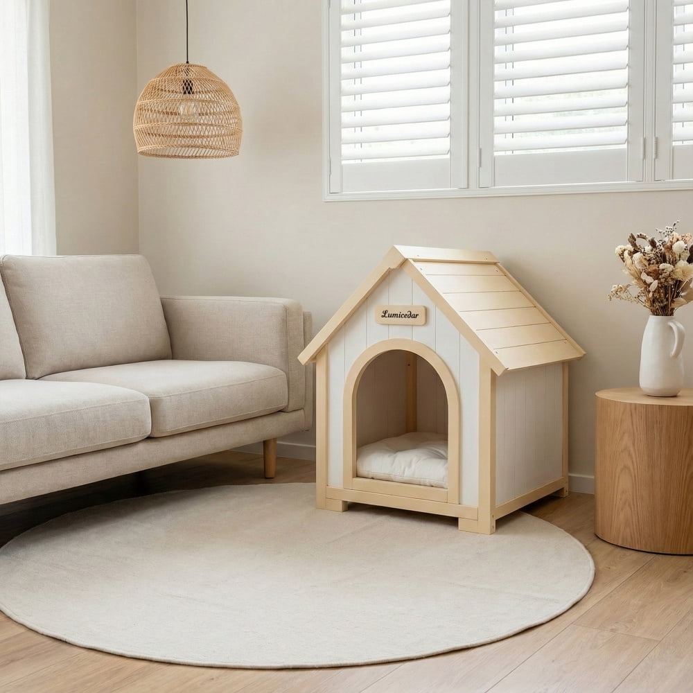 Solid Cedar Pet House – Cream-Yellow Cabin-Style Indoor Shelter for Small Dogs and Cats