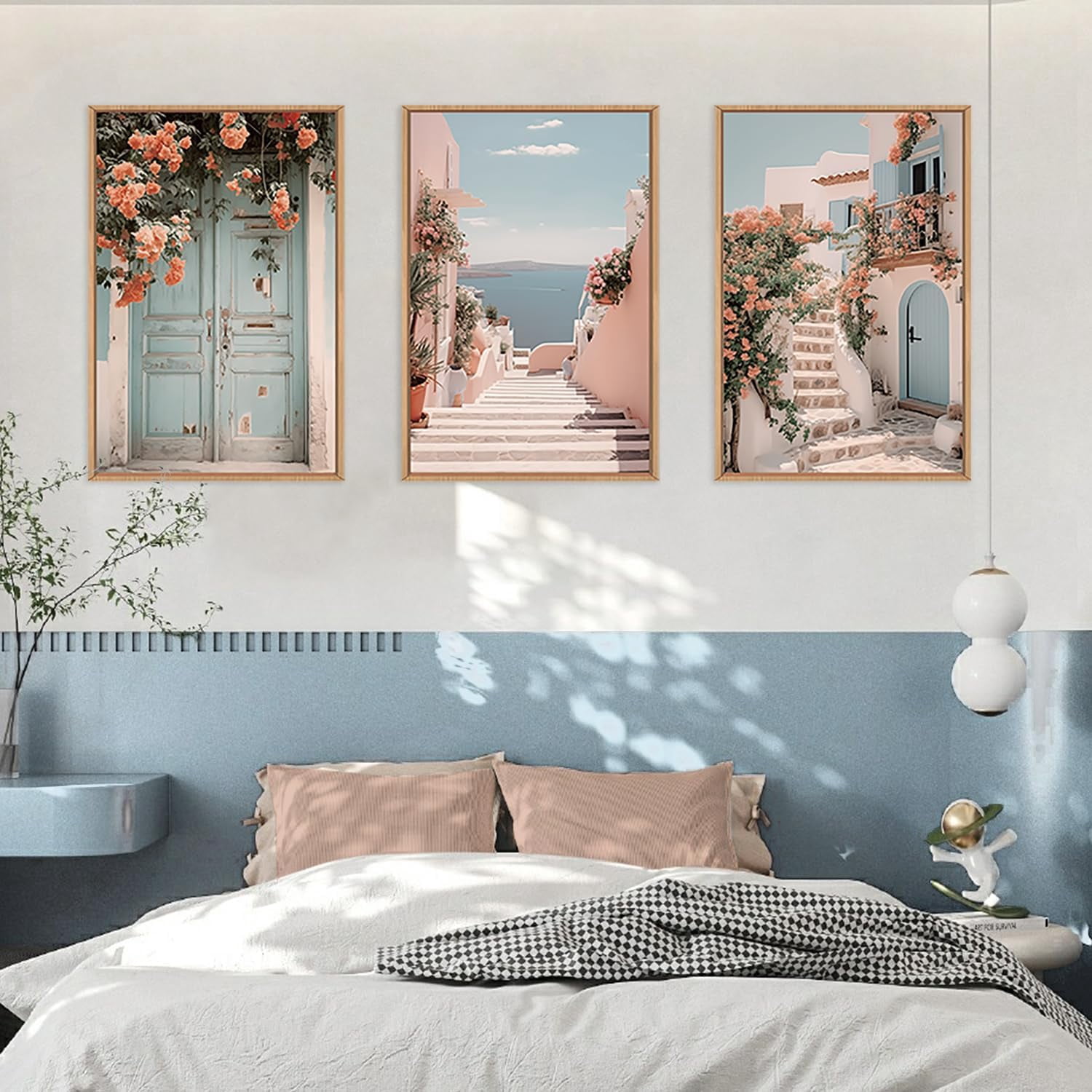 Italy Coast Cityscape Framed Canvas Wall Art Set, Neutral Italian Countryside Wall Decor, Aegean Santorini Landscape Wall Painting, Florida Beach Art Prints for Living Room, Bedroom 16"x24"x3