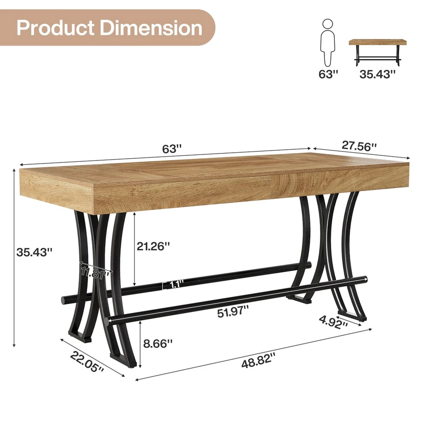 Dining Table, 63 in Rectangular Counter Height Table with Metal Footrest, Industrial Farmhouse Style, Seats 6-8
