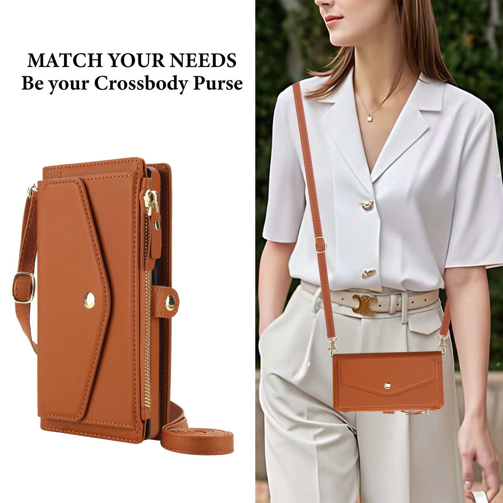 Designed for Samsung Galaxy S24 Multi-Function Wallet Phone Case,With Shoulder Strap&Wrist Strap,Cash Pocket&Card Slots,Zipper Purse,Magnetic Detachable PU Leather Flip Phone Case,Brown