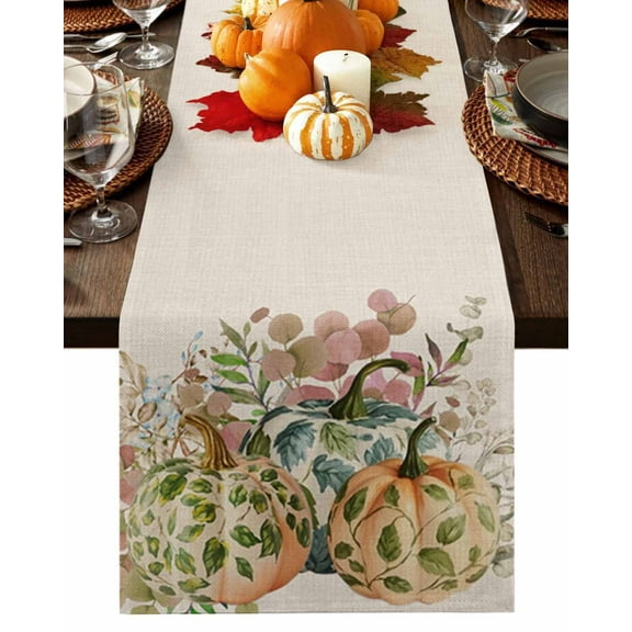 Fall Table Runner Thanksgiving Green Leaf Pumpkin Table Runners Eucalyptus Leaves Cotton Linen Dresser Scarf Kitchen Dining Table Decor for Fall Holiday Party Decor 13x36 Inch