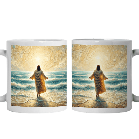 Lotusprinthandmade Christian Faith Art Jesus Christ Walking on Water White Ceramic Mug (11oz) (Made In US), Faith-based Coffee Mug, Religious Faith Mug