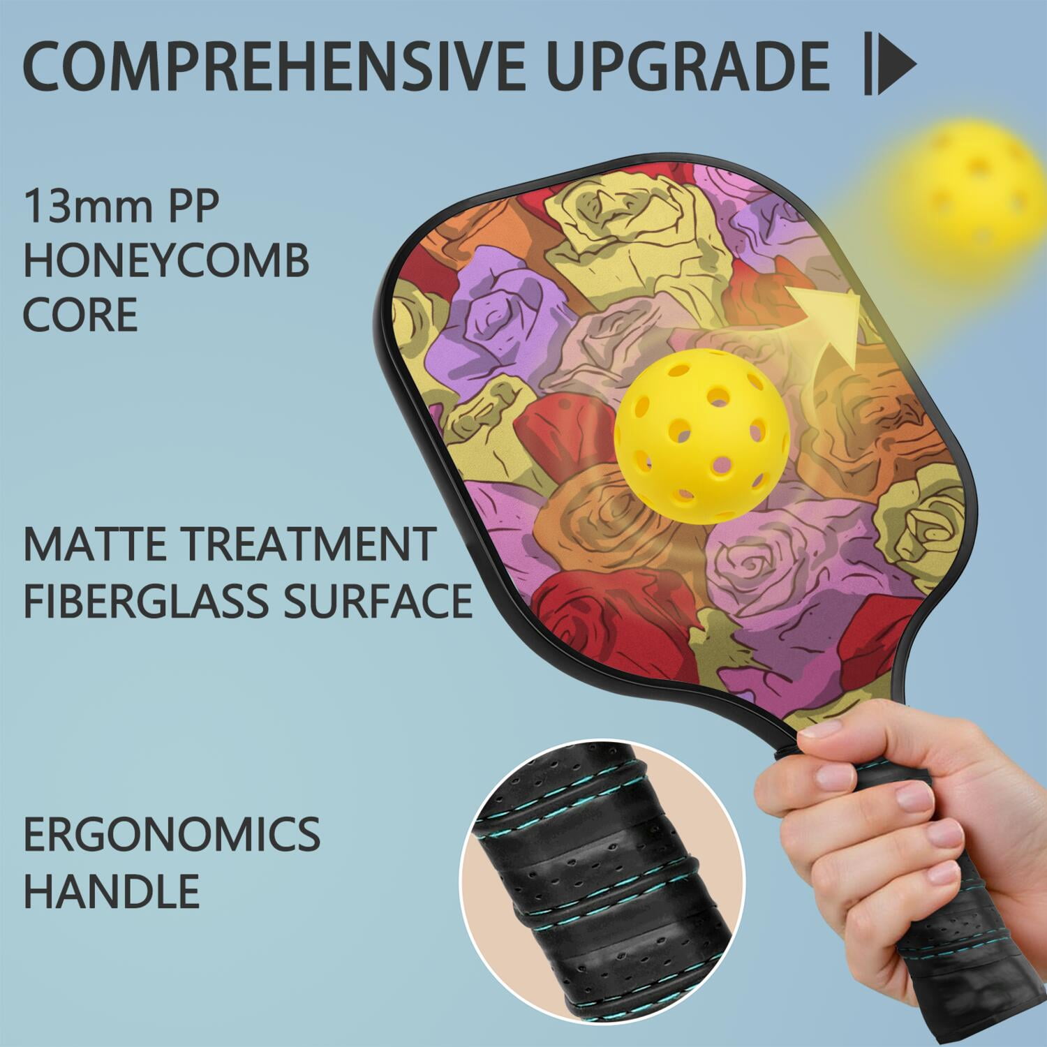 Pickleball Paddles Set Of 1, Fiberglass Surface, Rose Flowers Print, 1 Paddle, 2 Balls & Bag