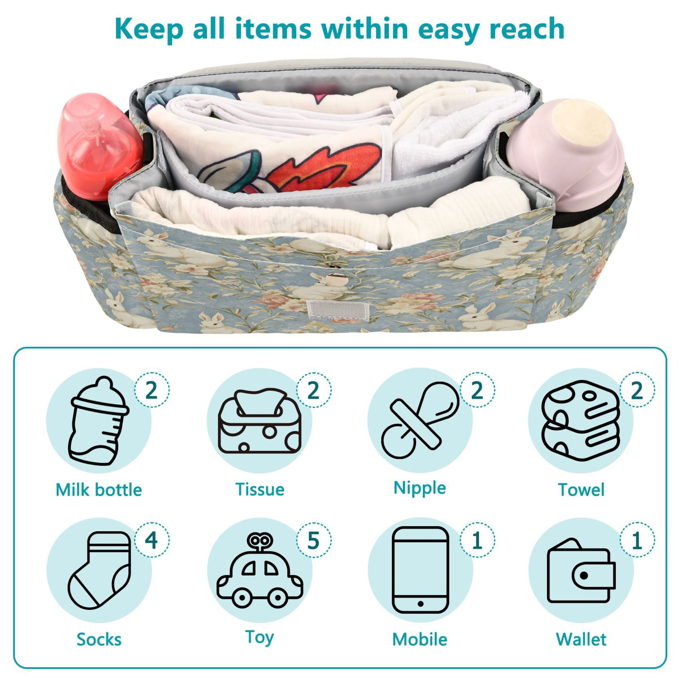 DIXRUYEE Stroller Organizer Bunny Garden Printed