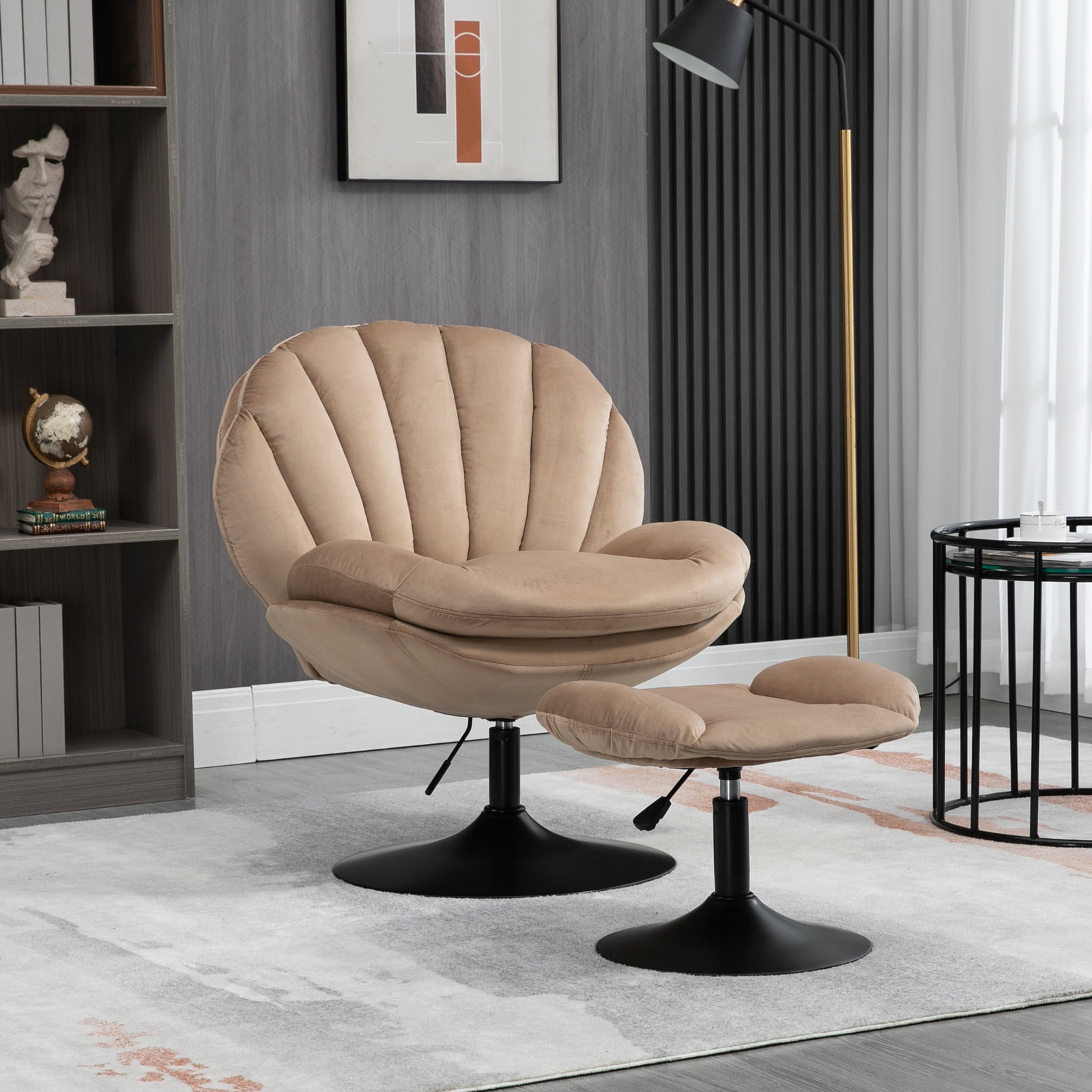 MidCentury Velvet Swivel Accent Chair, Modern Lounge Chair and Ottoman