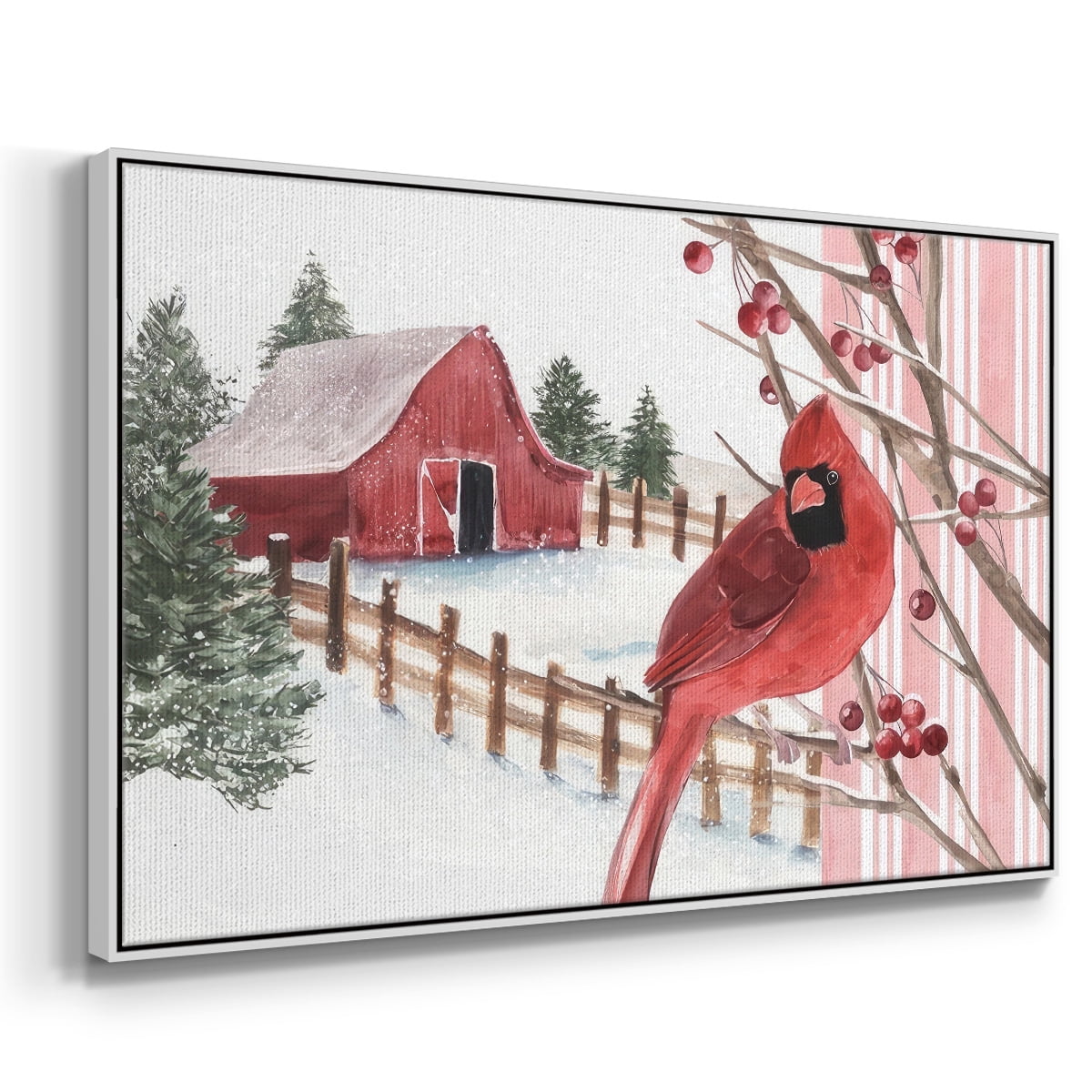 Winter Cardinal Collection A - Framed Gallery Wrapped Holiday Canvas - 25 x 37 - White Frame