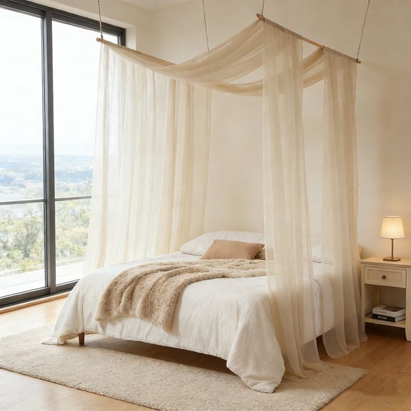 Boho Sheer Canopy Curtain for Bed, 2 Panels Lightweight Gauze Bed Canopy Drapes, Romantic Bed Curtains for Bedroom, Wedding, Outdoor Canopy Decor, Multiple Colors Available