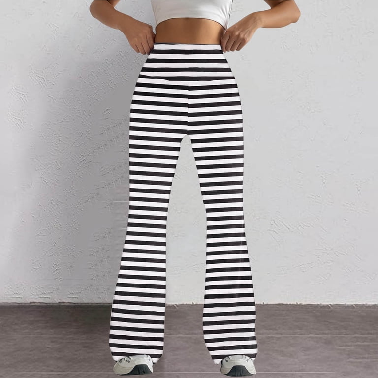 USNSM Women's Flare Pants Trendy Striped Print High Waist Stretchy
