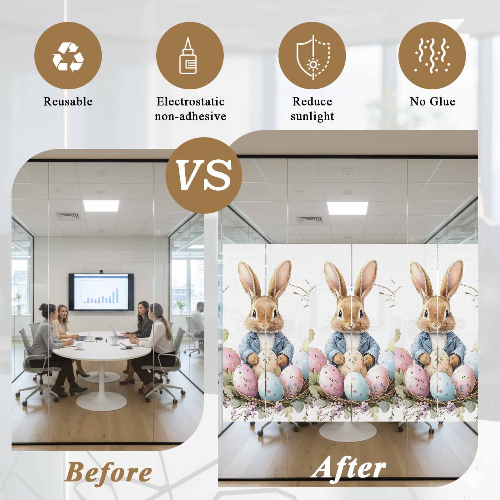 Easter Bunny Window Privacy Film, Funny Rabbit Pink Blue Green Eggs Spring Floral Leaf Frosted Glass Window Clings Static Cling UV Heat Blocking Reusable Door Sticker for Bedroom 23.6x59 Inch