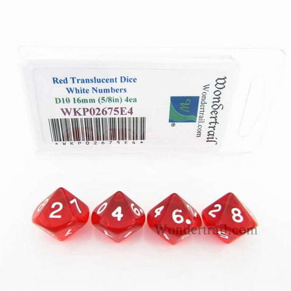 Red Transparent Dice with White Numbers D10 16mm (5/8in) Pack of 4 Wondertrail