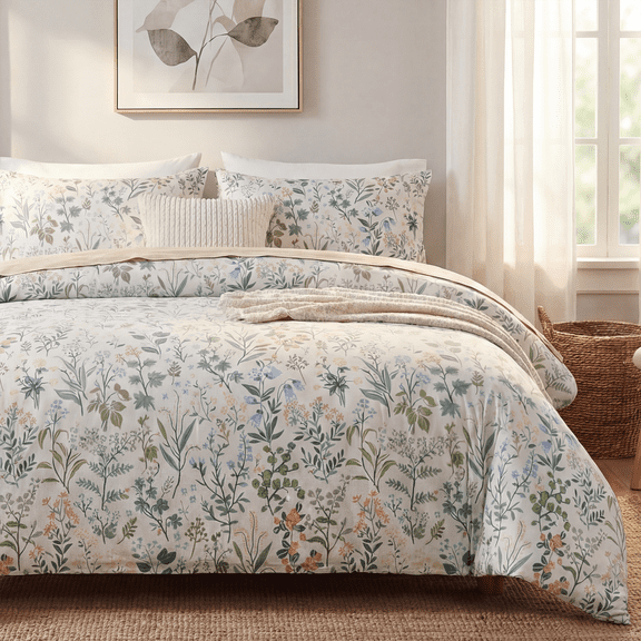 Green Floral Comforter Set 100% Cotton Comforter 3 Pieces Soft Lightweight Reversible Retro Floral Bedding Sets for All Season