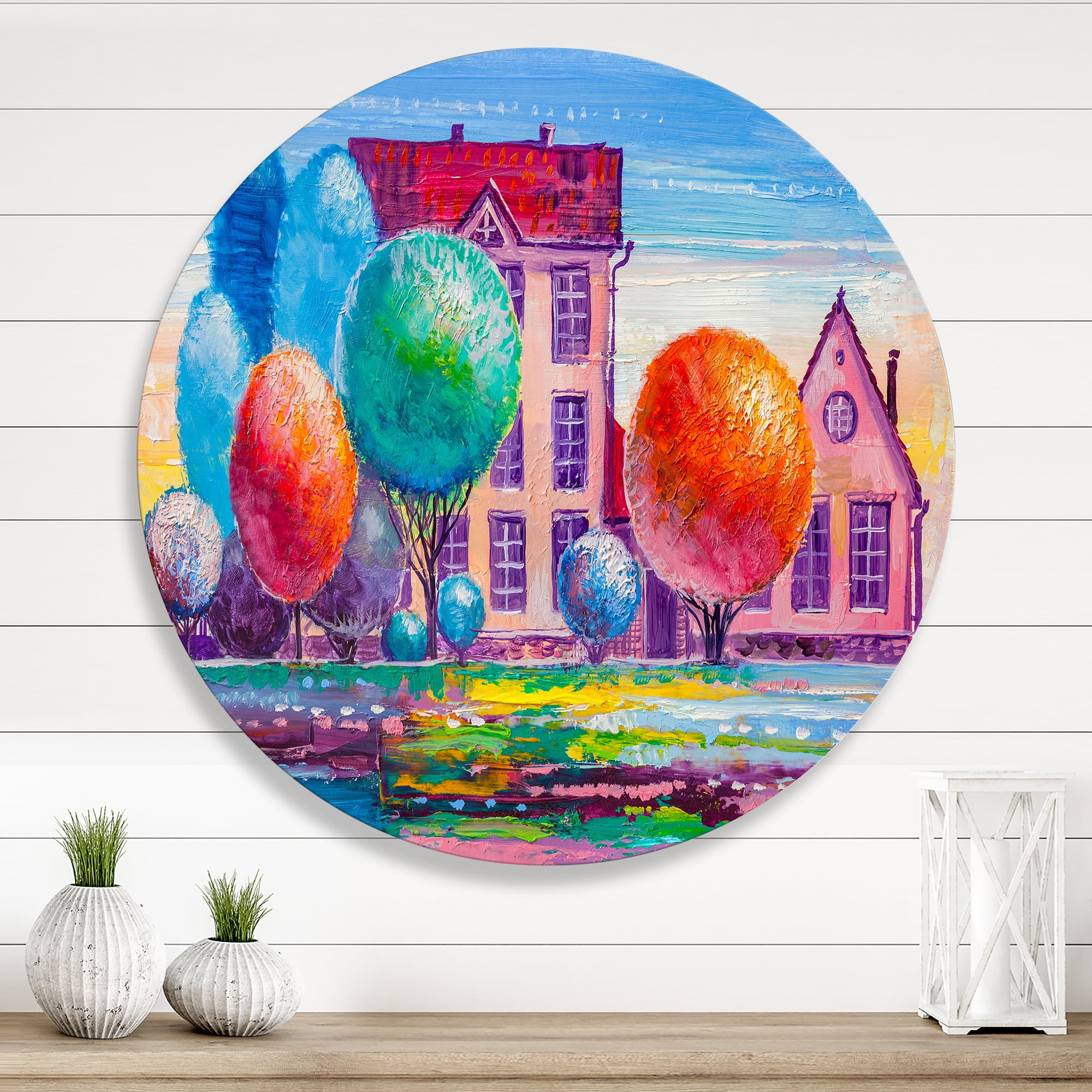 Designart 'Abstract Daydream House In The VIllage' Traditional Circle Metal Wall Art 11x11 - Disc of 11