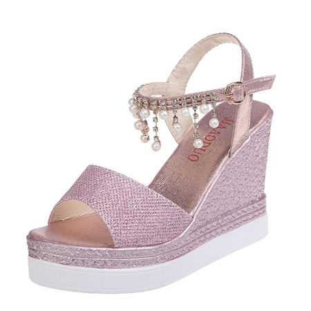 Women s Platform Sandals Wedge Ankle Strap Open Toe Sandals  Fashion Pearl Rhinestones Shoes Wedges Heels Sandals Ladies Crystal Pearl Sandals Women s Buckle Fish Mouth Sandals for Women