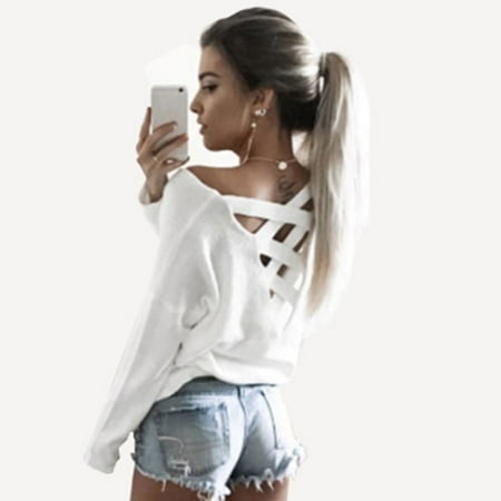 Lace Criss Cross Front Bodystocking - Womens Long Sleeve Crisscross Back Lace Up Tops Blouse Loose Pullover Tee Shirts