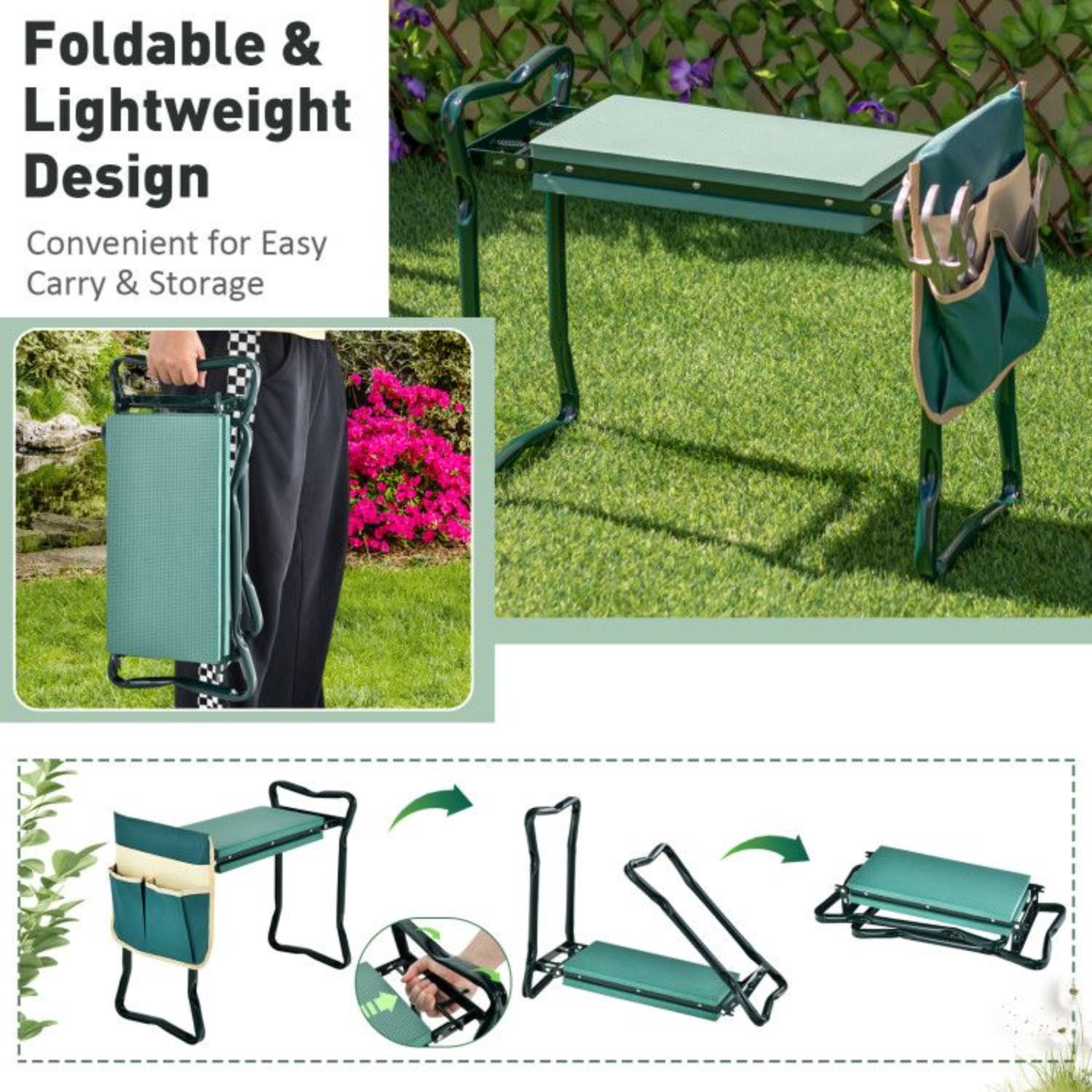 Folding Garden Kneeler and Seat Heavy Duty Gardening Bench with Soft Cushion and Tool Pouch