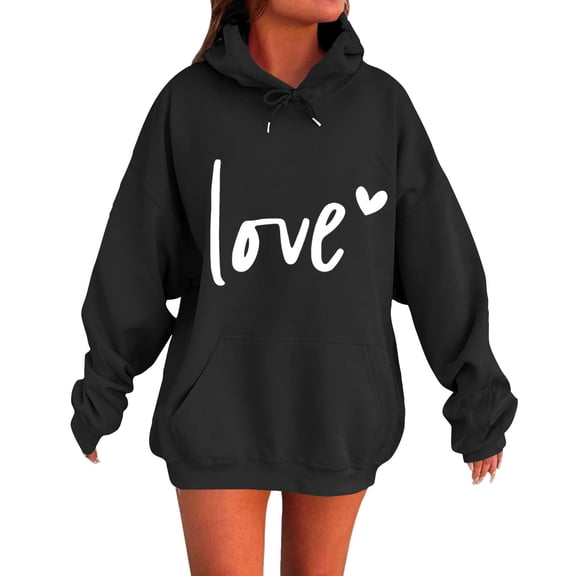 WTXUE Women Valentines Day Sweatshirt Plus Sized Hoodies Pullover Love Printed Sweatshirt Fashion Casual Loose Long Sleeve Tops Trendy Holiday Shirt with Pockets Black L