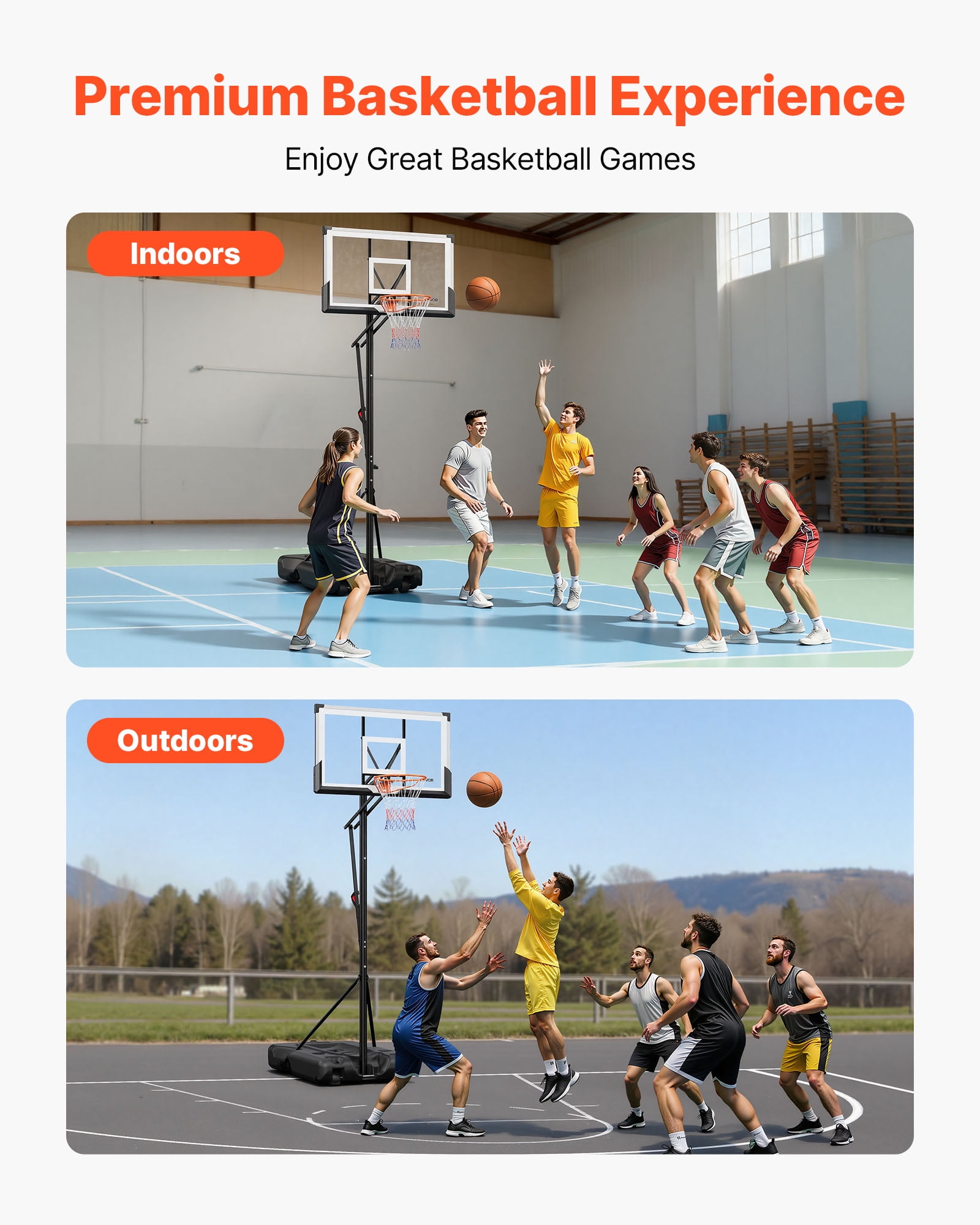 VEVOR Portable Basketball Stand, 10 ft Height Adjustment Basketball Hoop & Goal, Portable Basketballs Hoop with 54 inch PC Backboard & Wheels for Kids, Teens, Adults in Driveways, Pools, Schools