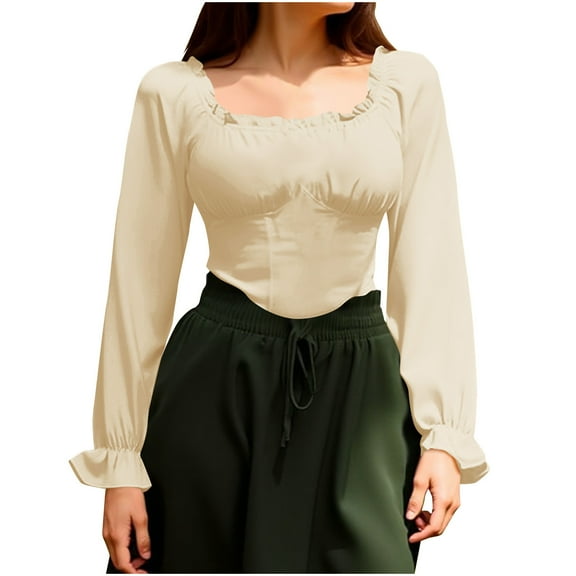dazeni Womens Mini Flare Long Sleeve Off The Shoulder Tops Ruffle Renaissance Pirate Crop Shirt Gothic Peasant Blouse Elegant Smocked Boho Top Beige L