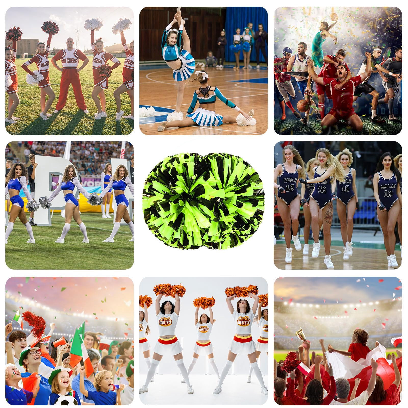 Cheer Pom Poms 22 Pcs with Handle, Cheerleading Handheld Squad Pompoms for Sports Team Cheer Spirit Games Dance Party Adults