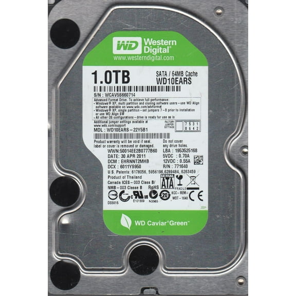 WD10EARS-22Y5B1, DCM EHRNNT2MHB, Western Digital 1TB SATA 3.5 Hard Drive